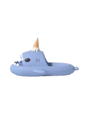 Light blue shark platform slipper with open mouth, white teeth, black eye, and playful ice cream cone decoration