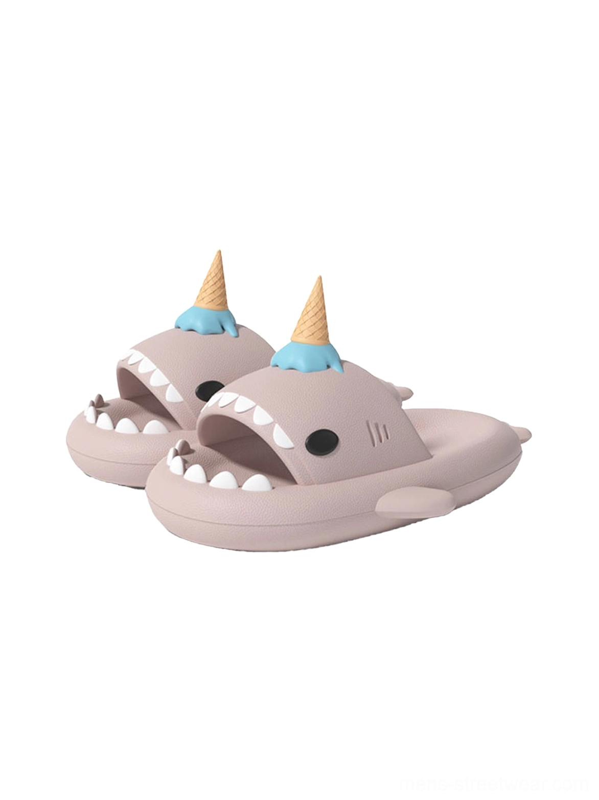 Shark platform slippers with open-mouth silhouette, cushioned EVA sole, bold colorway, and playful streetwear styling