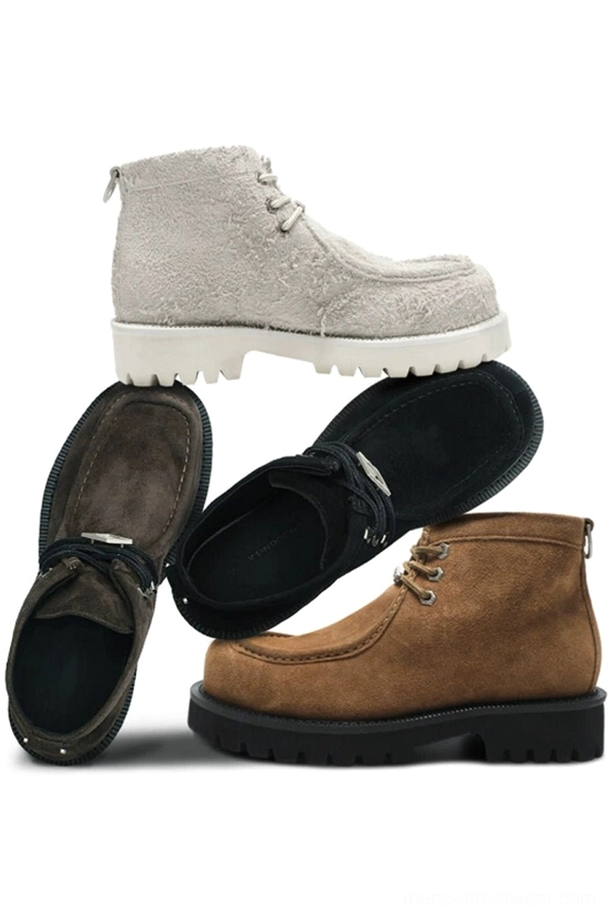Shearling moc toe lug boots collection in off-white, tan brown, and black showing multiple angles and chunky outsole profiles