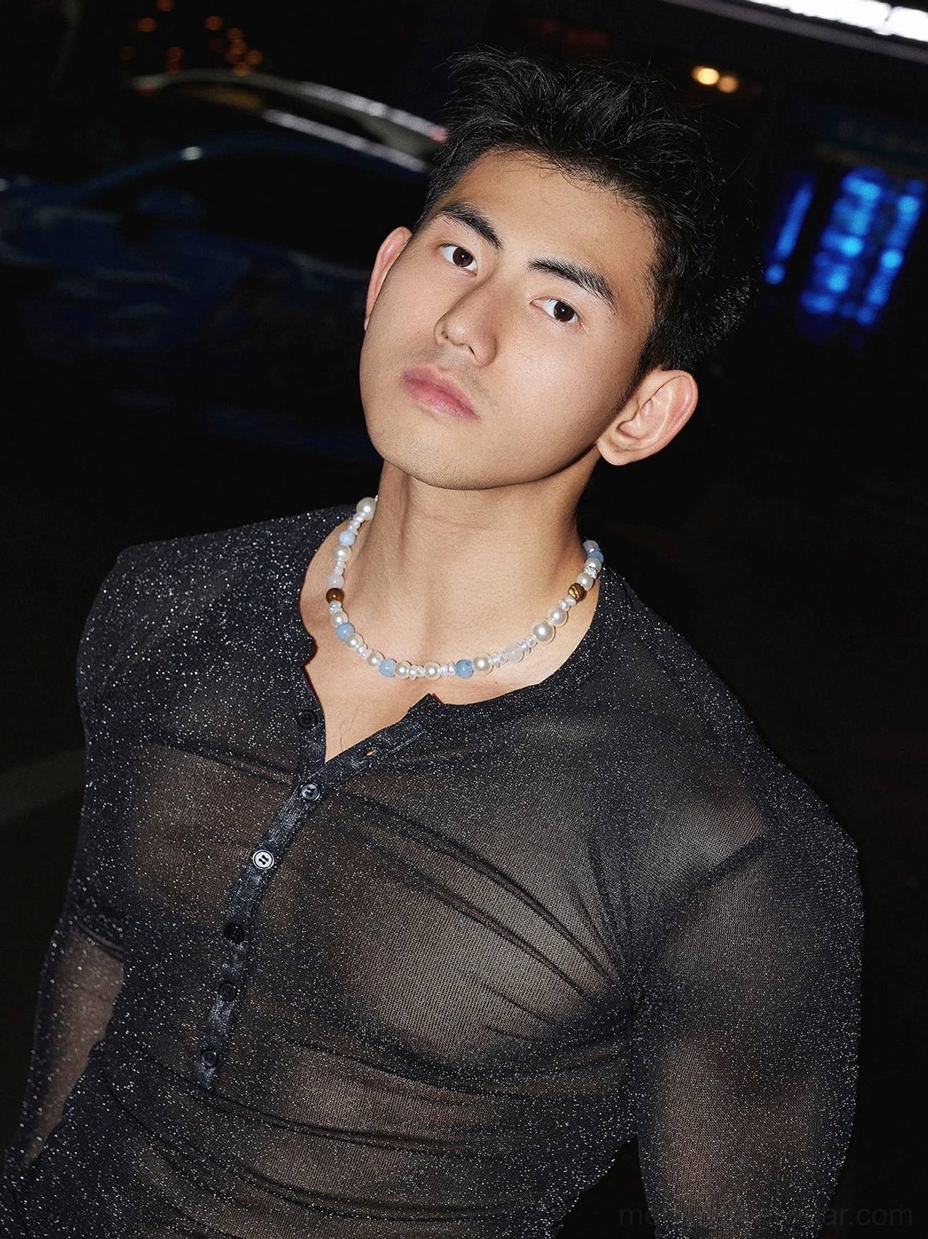 Sheer sparkly Henley mesh top styled as a modern Korean streetwear layering piece