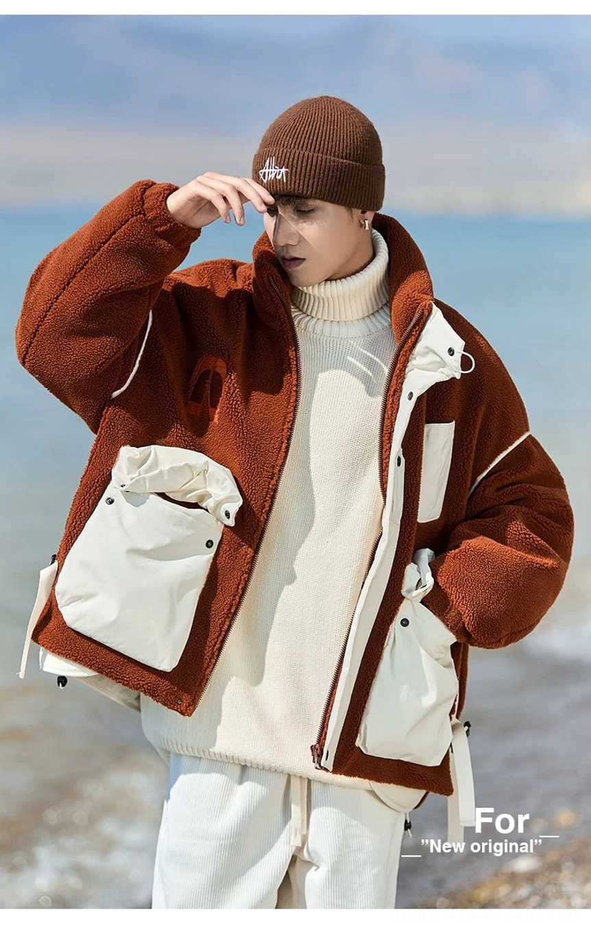 Side view of a sherpa streetwear jacket layered over a cream turtleneck sweater with a hand in the utility pocket