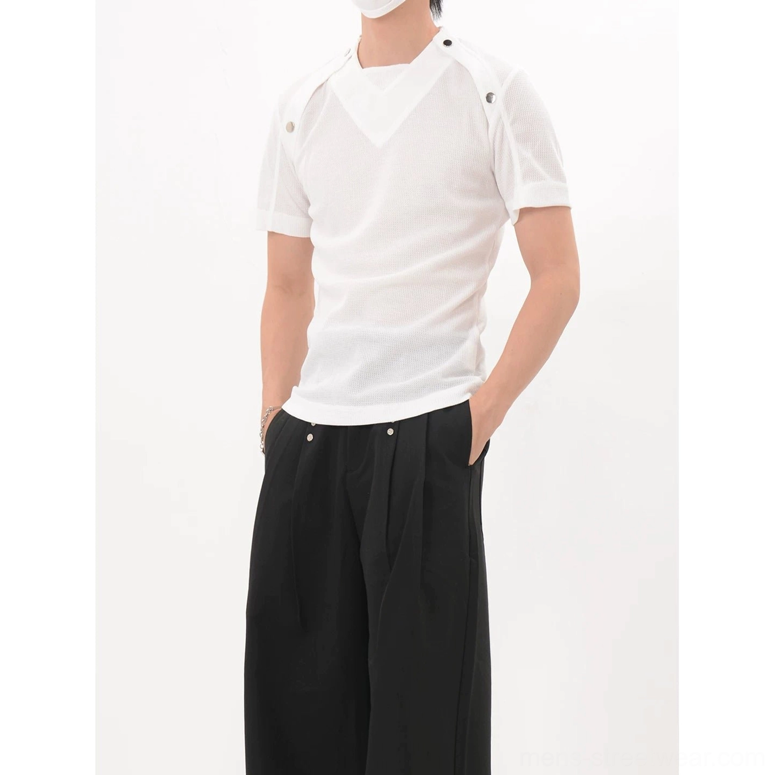 Shoulder snap fitted knit tee product image in contemporary Korean streetwear style with structured chest panel and utility-inspired hardware