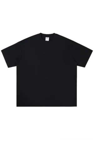 Black silk-finish oversized drop shoulder crew neck T-shirt front flat lay on white background