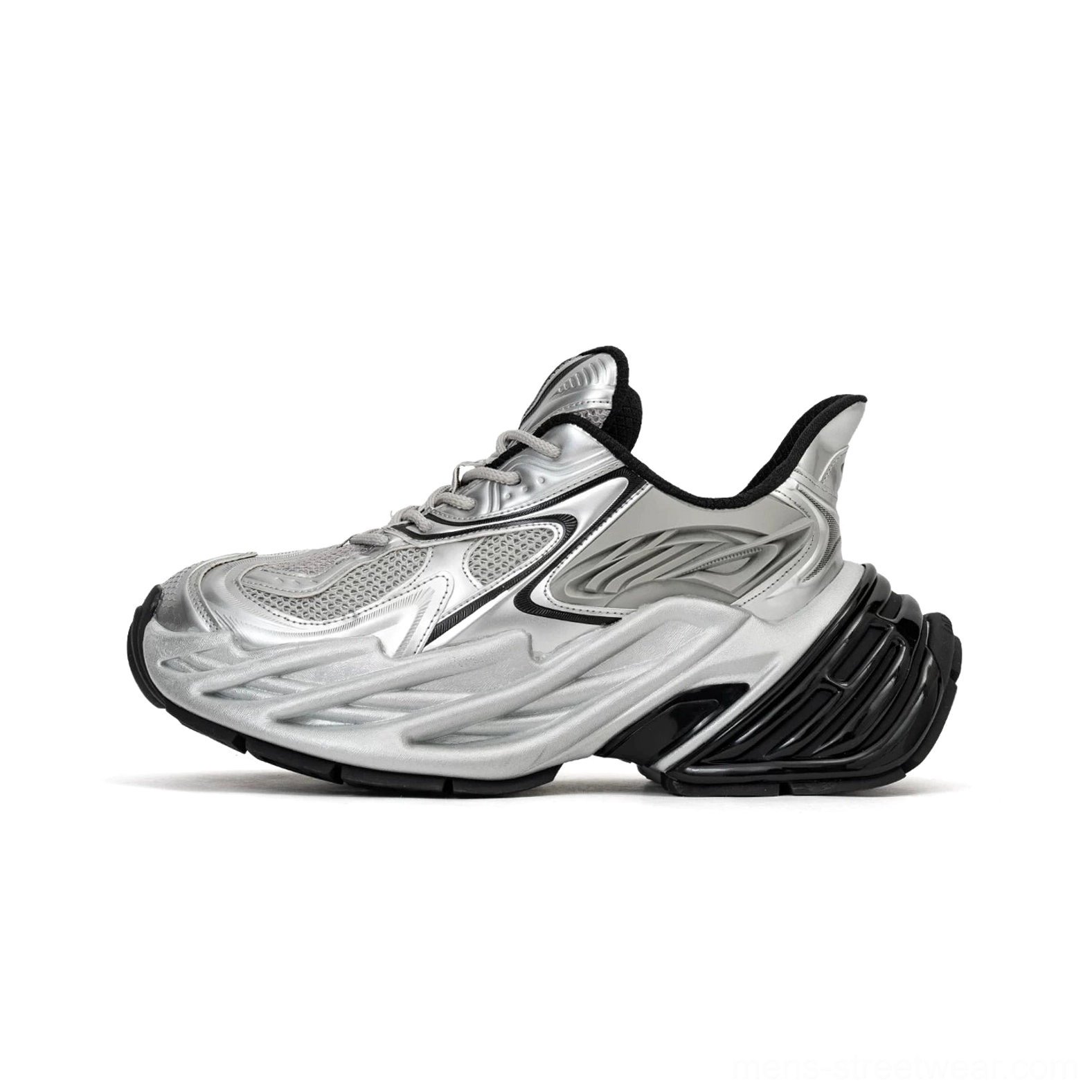 Silver and black futuristic chunky platform sneakers in a clean side profile with metallic upper accents, mesh ventilation zones, glossy ridges, and thick black wave-textured outsole