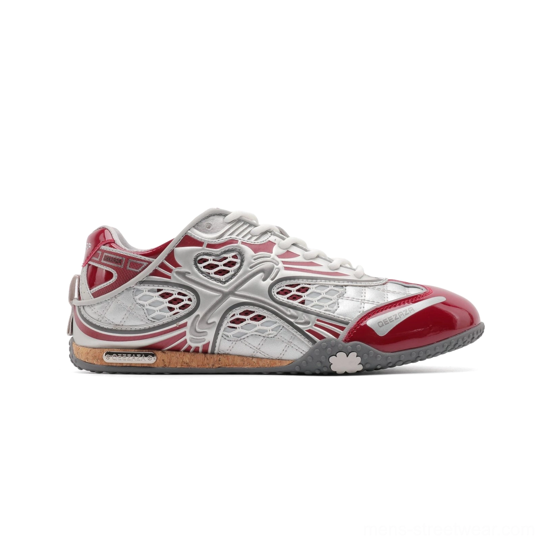 Side profile of a silver and burgundy heart mesh retro sneaker showing the cross-heart side detail, padded tongue, glossy toe cap, cork-look midsole trim, and clover outsole accent
