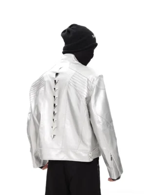 Silver cyberpunk studded faux leather moto jacket rear view with quilted shoulders and metallic spine studs