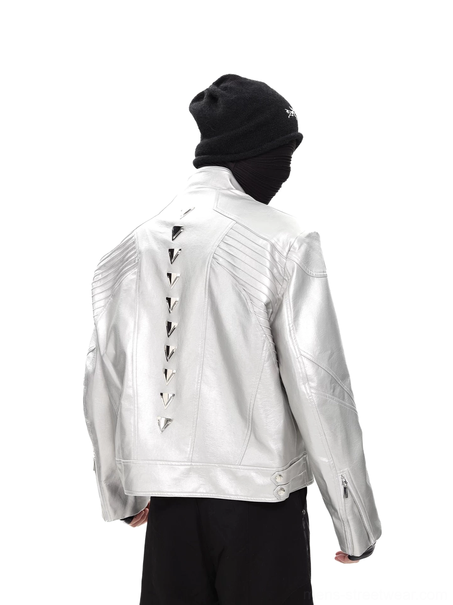 Silver cyberpunk studded faux leather moto jacket rear view with quilted shoulders and metallic spine studs