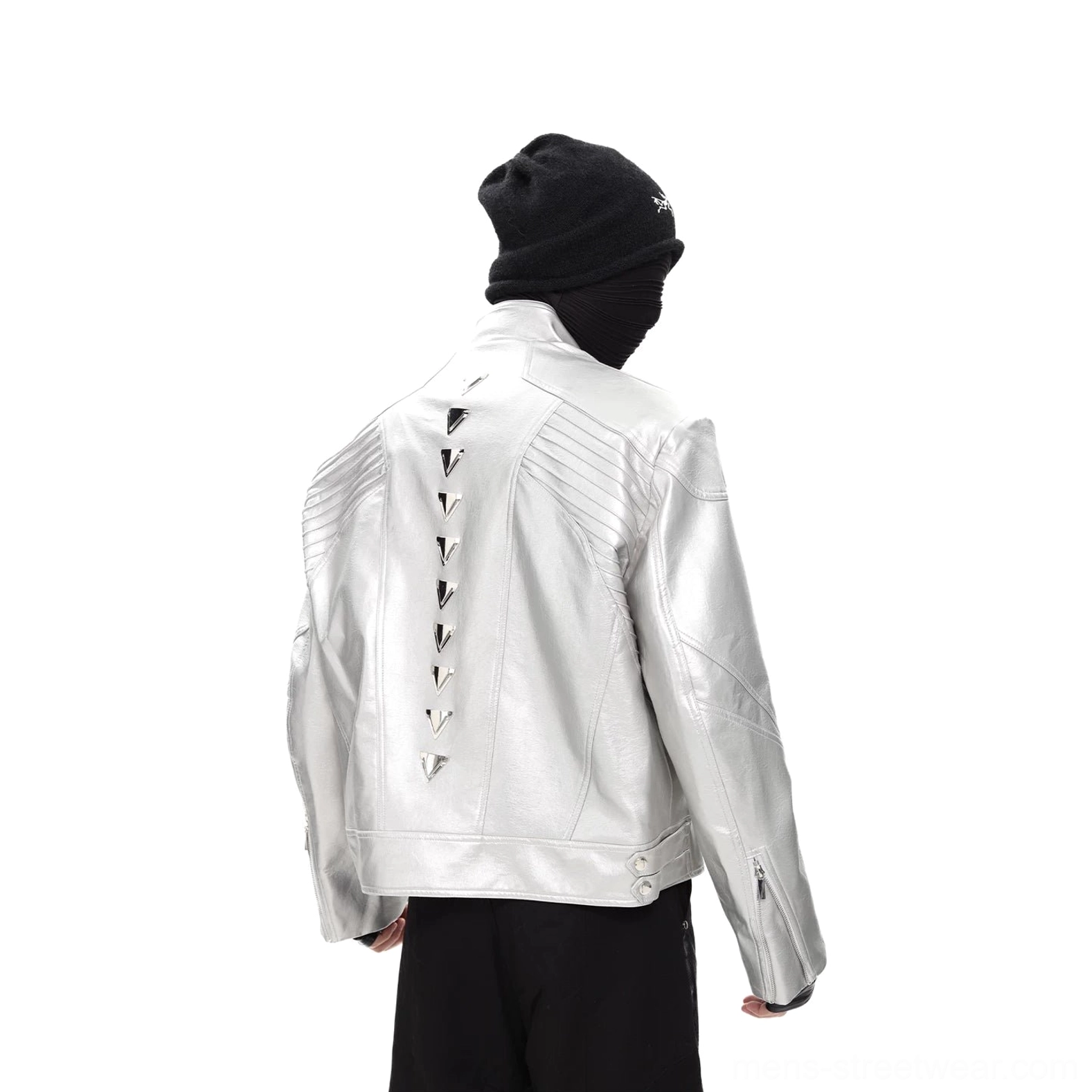 Silver futuristic streetwear moto jacket back view with metallic V studs and cropped relaxed silhouette