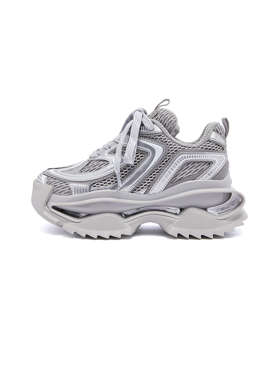 Silver gray mesh runner sneakers with layered curved overlays, chunky sculpted sole, and futuristic streetwear design shown in a front three-quarter product view