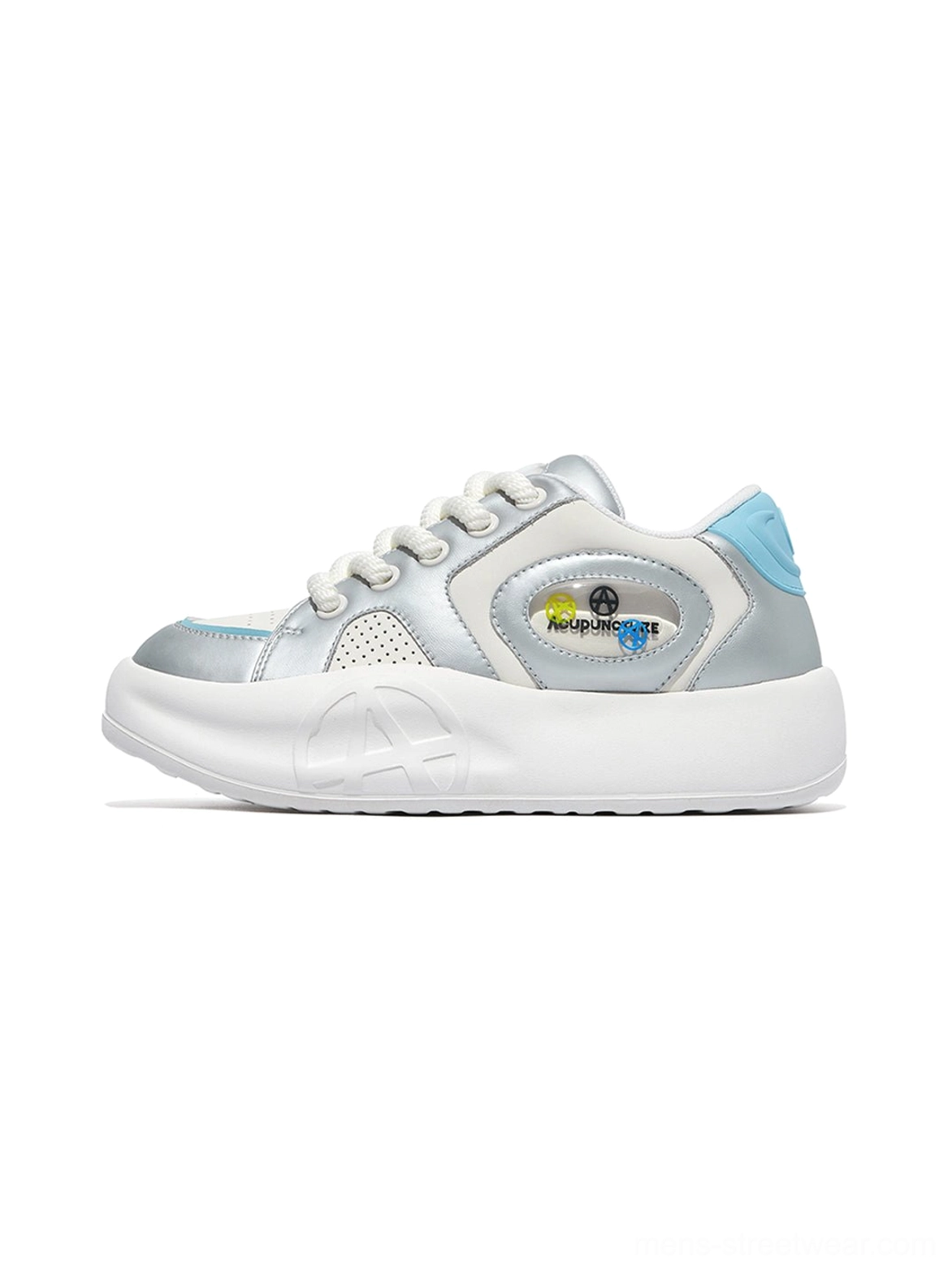 Silver metallic PU platform sneakers shown in left side profile with silver-white upper, light blue heel tab, side detail, and chunky layered white platform sole