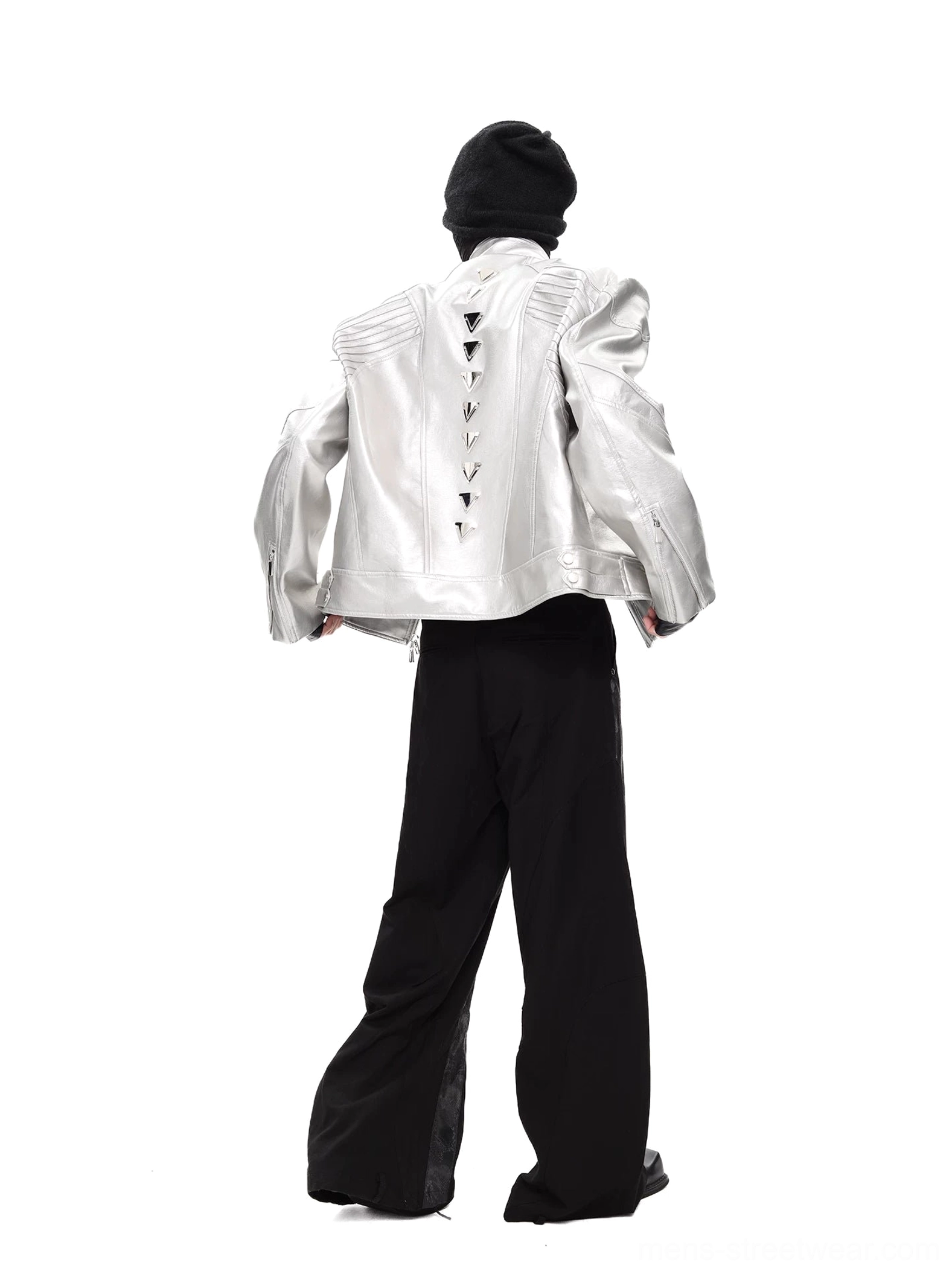 Silver oversized faux leather biker jacket back view showing V-shaped metal studs and quilted shoulder panels