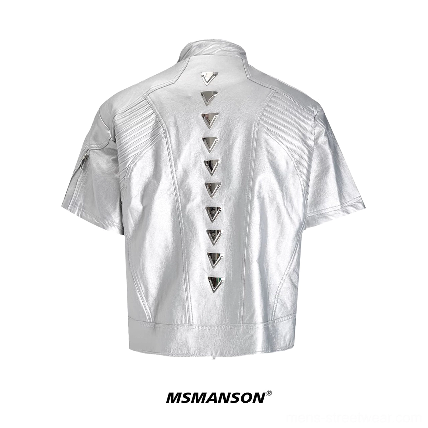 Silver short sleeve studded moto jacket rear product view with quilted shoulders and V-shaped metallic spine studs