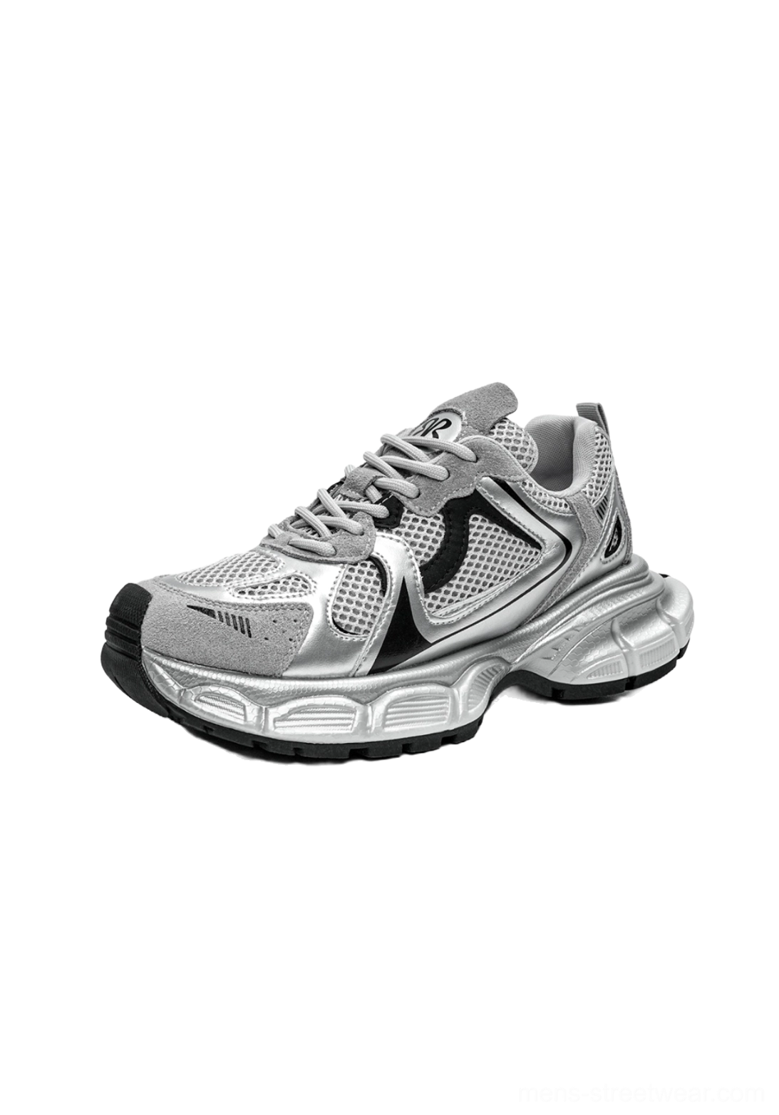 Silver-toned chunky mesh sneakers with metallic overlays, black decorative patterns, and thick sculpted sole