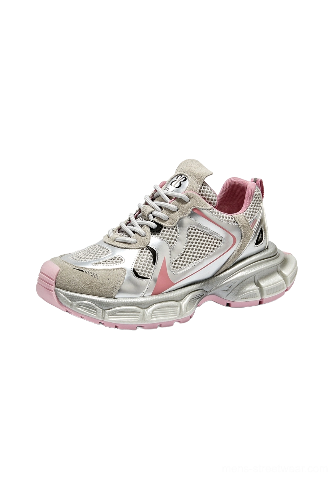 Silver and white chunky runner sneakers with breathable mesh upper and bold layered streetwear construction