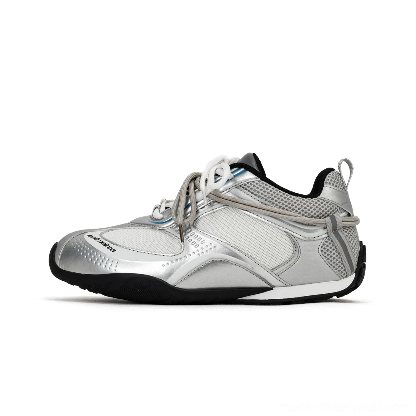 Silver white retro mesh sneakers with patent-style overlays heel pull tab lace-up closure and color-blocked streetwear design