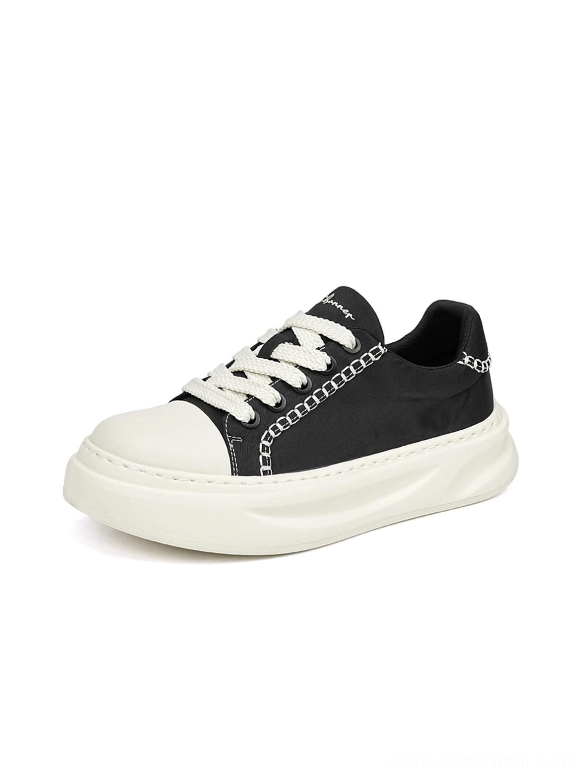 Single black chain-trim platform sneaker shown from the left front side with white stitching, white laces, and off-white rubber sole