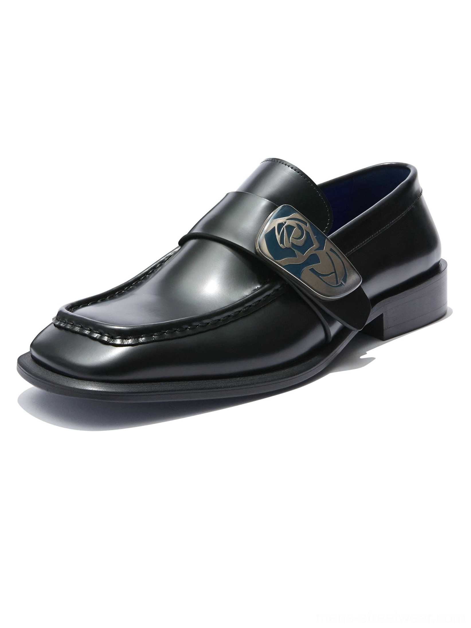Single black formal leather loafer with rose crest ornament polished upper square toe and blue leather insole