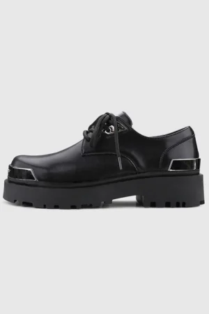 Single black platform derby shoe shown from a three-quarter side angle with silver metal toe cap, heel trim, glossy upper, and chunky lug sole