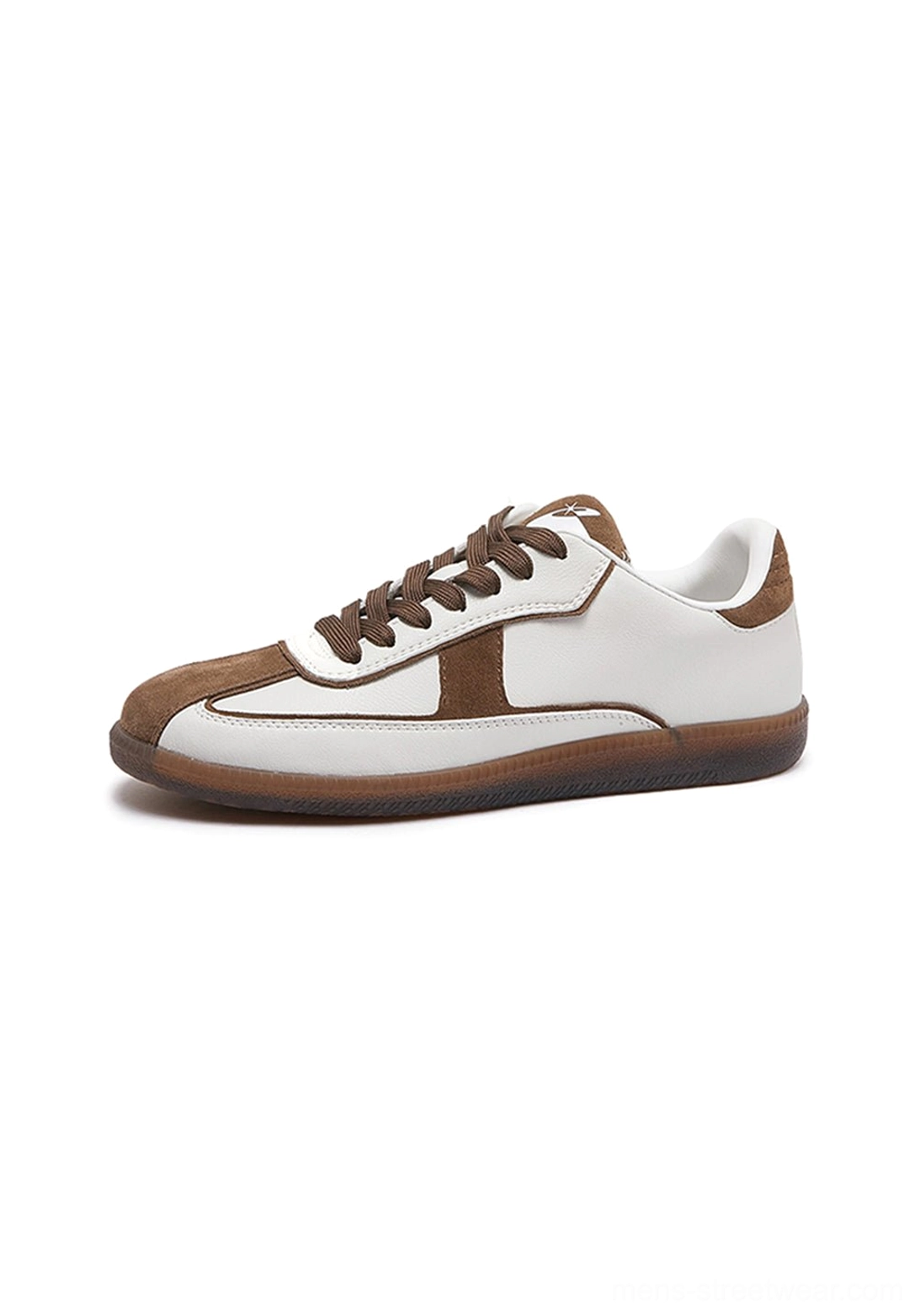 Single brown suede panel retro sneaker shown from the side with contrasting white upper brown laces and gum rubber sole