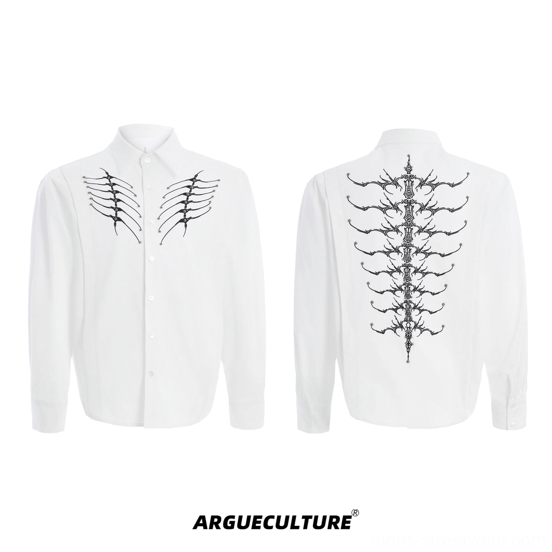 Skeleton embroidered long sleeve button-up shirt showcasing detailed anatomical ribcage and spinal streetwear artwork