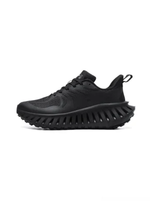 Black breathable streetwear running sneakers with lace-up upper, heel pull tab and chunky serrated sole side view