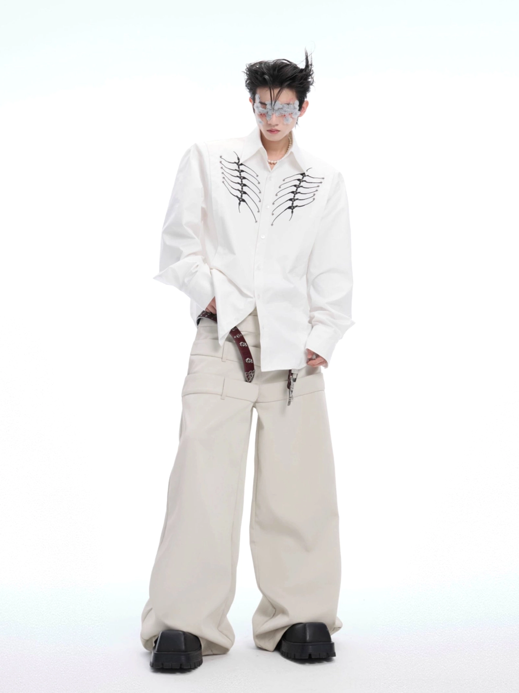 White ribcage embroidered long sleeve button-up shirt with relaxed fit pointed collar and Korean fashion styling
