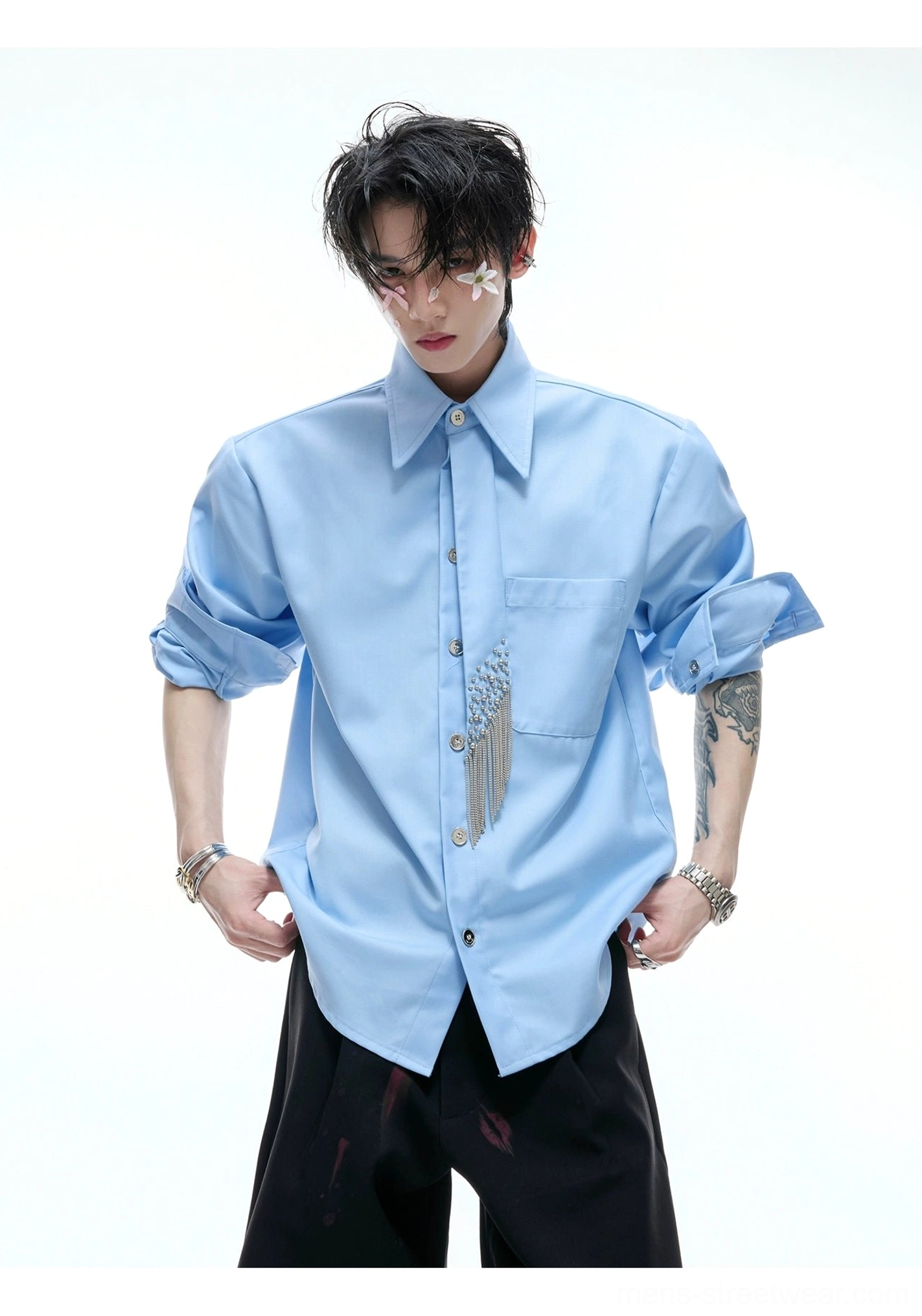 Sky blue crystal tassel long-sleeve shirt with rolled cuffs, pointed collar, chest pocket, and shimmering fringe detail