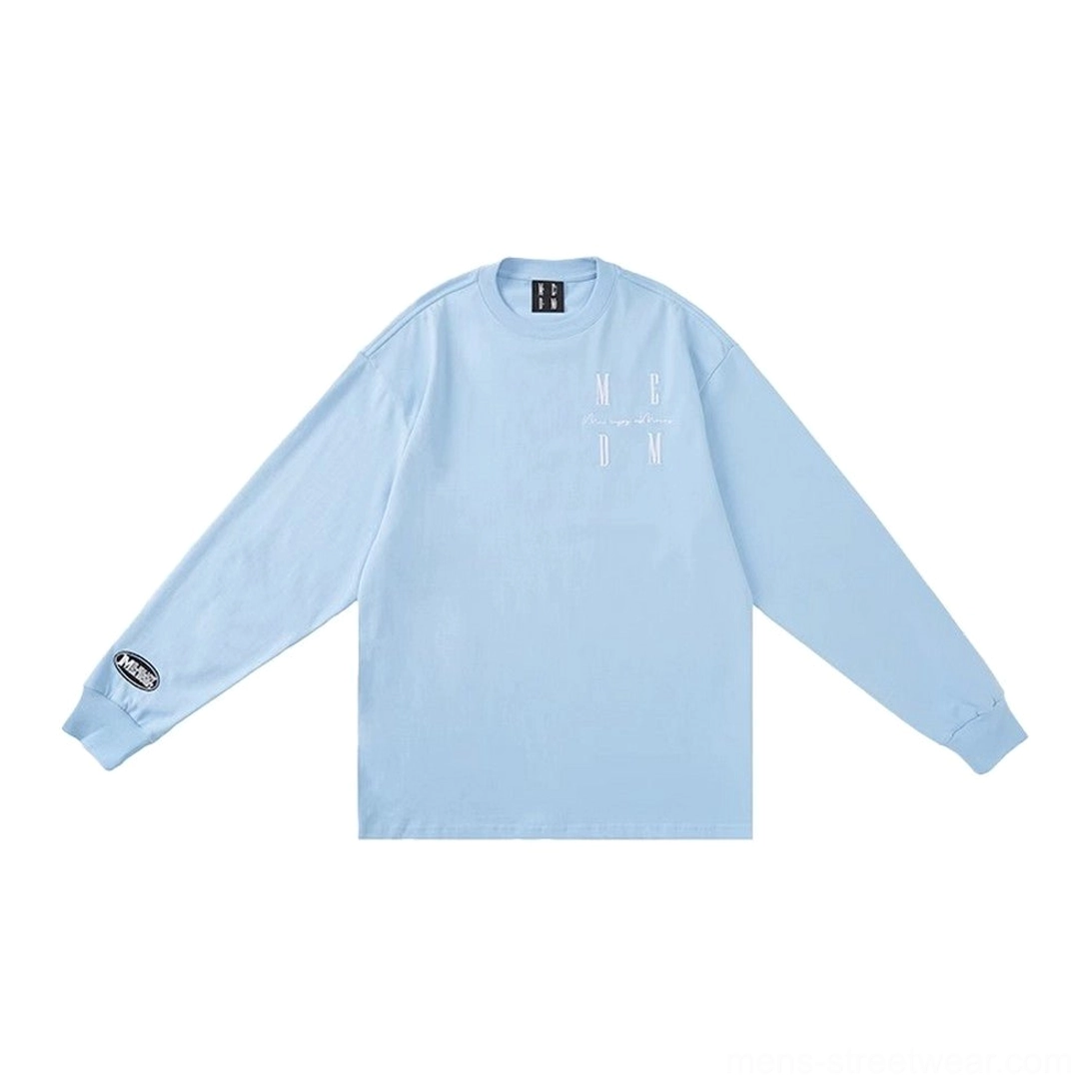 Light sky blue oversized graphic long sleeve T-shirt flat lay with light chest lettering and classic crew neck