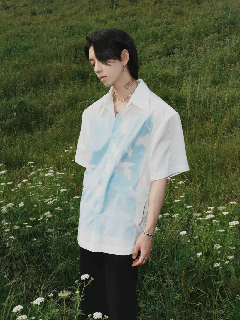Skybound Doves Dream relaxed fit dove print shirt with black trousers in flower grassland right side view