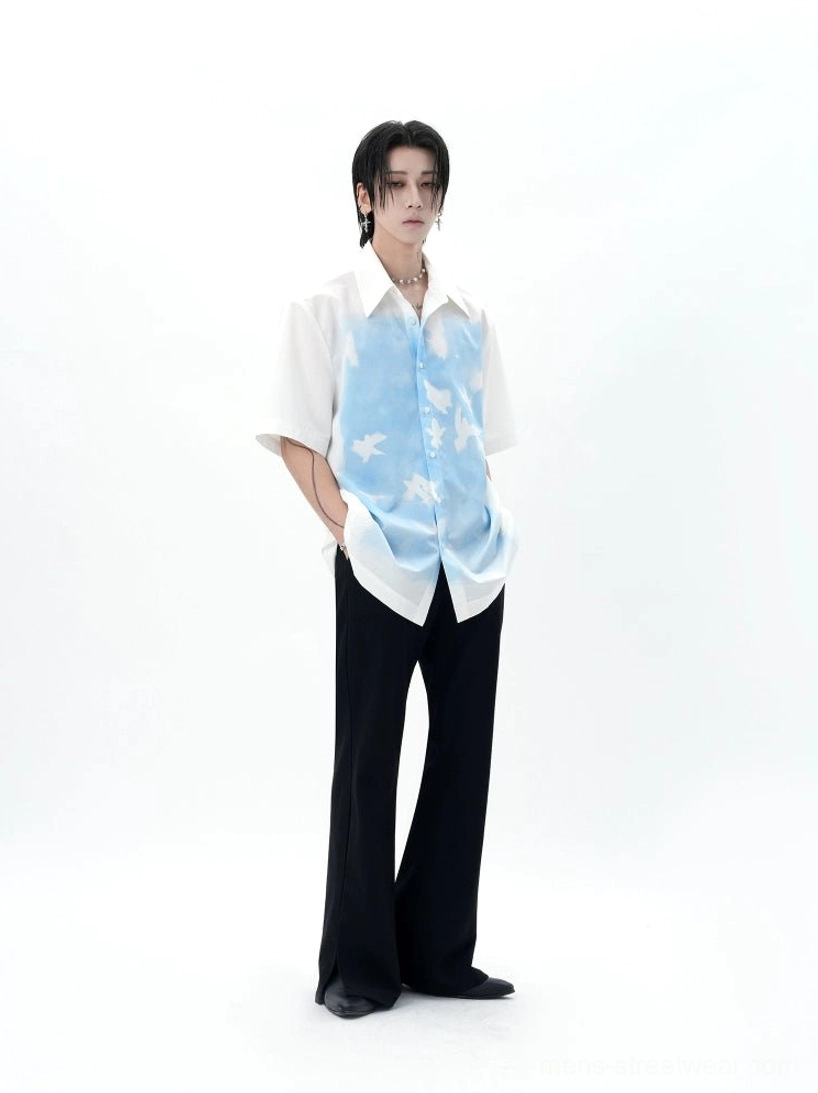 Skybound Doves Dream white blue sky print button shirt paired with wide leg black pants studio full body view