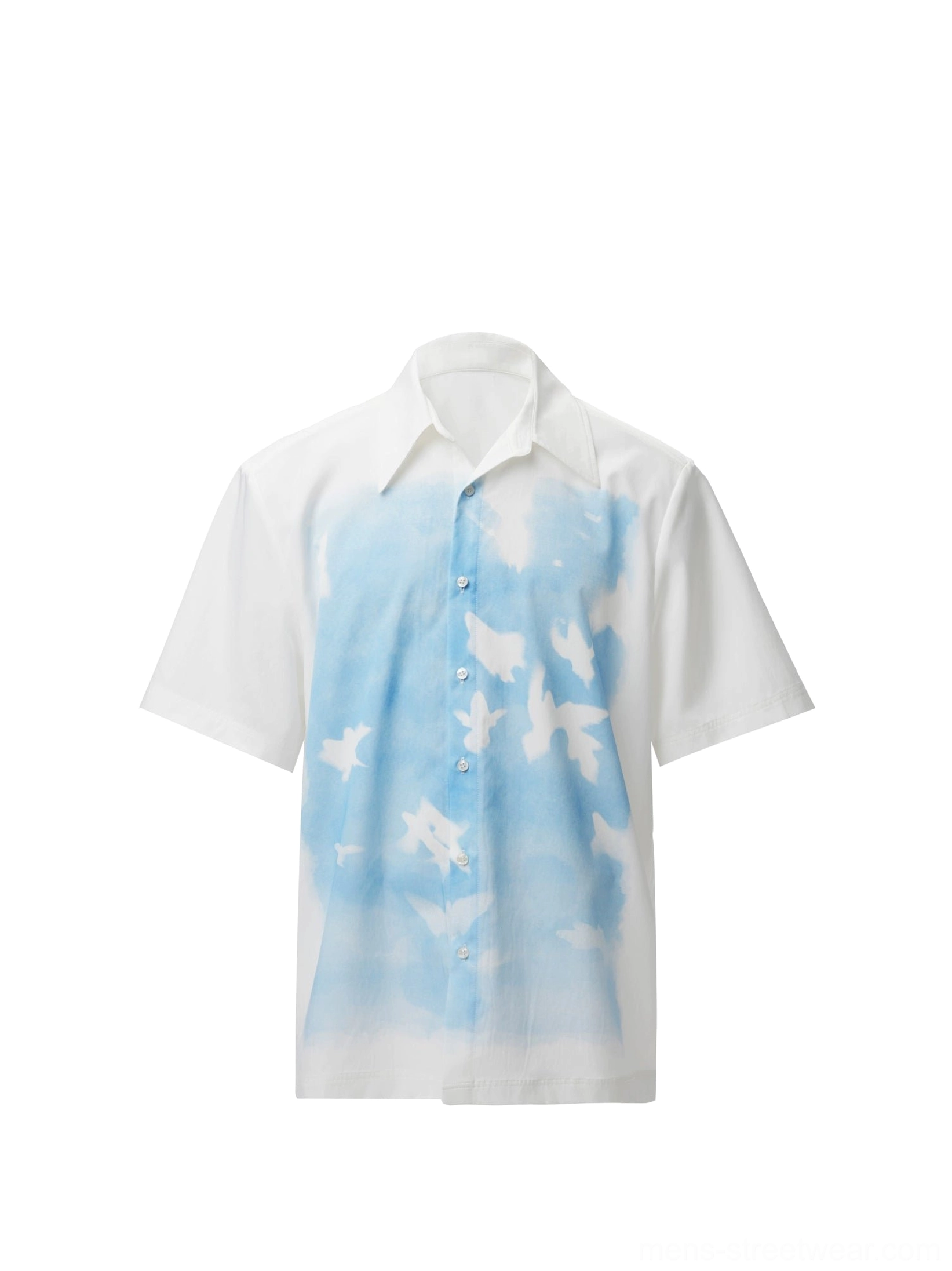 Skybound Doves Dream white relaxed short sleeve button shirt with blue sky gradient and dove print flat lay front view