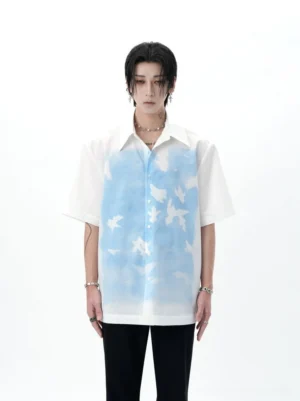 Skybound Doves Dream white short sleeve sky and dove print button shirt front view on male model