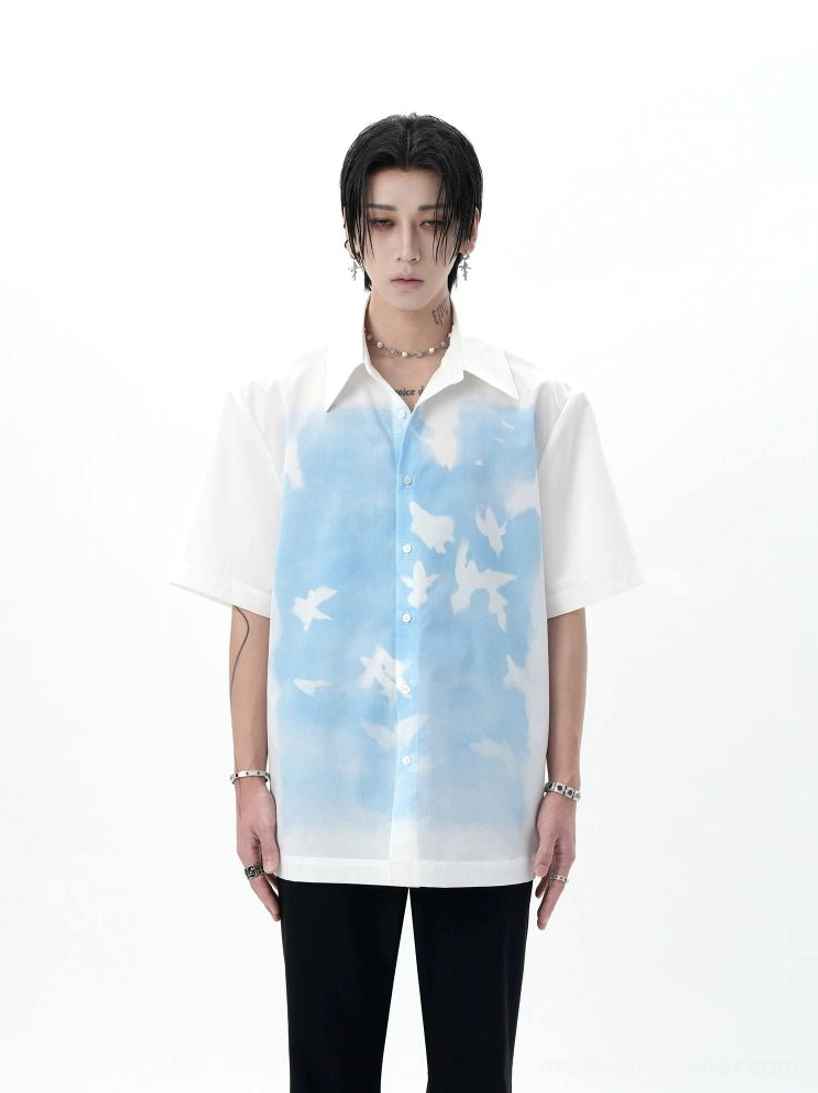 Skybound Doves Dream white short sleeve sky and dove print button shirt front view on male model