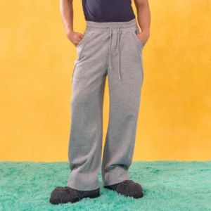 Heather gray slanted spliced wide-leg sweatpants shown from the front with elastic drawstring waist and relaxed Korean streetwear fit