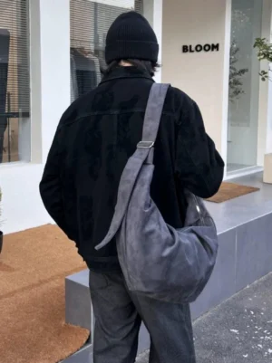 Slate gray crescent hobo shoulder bag full back view showing relaxed hip-length streetwear carry