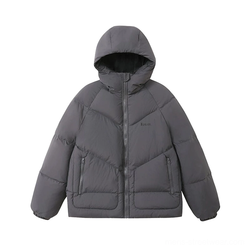 Flat lay of slate grey chevron quilted hooded down puffer jacket with front zipper and two zippered hand pockets