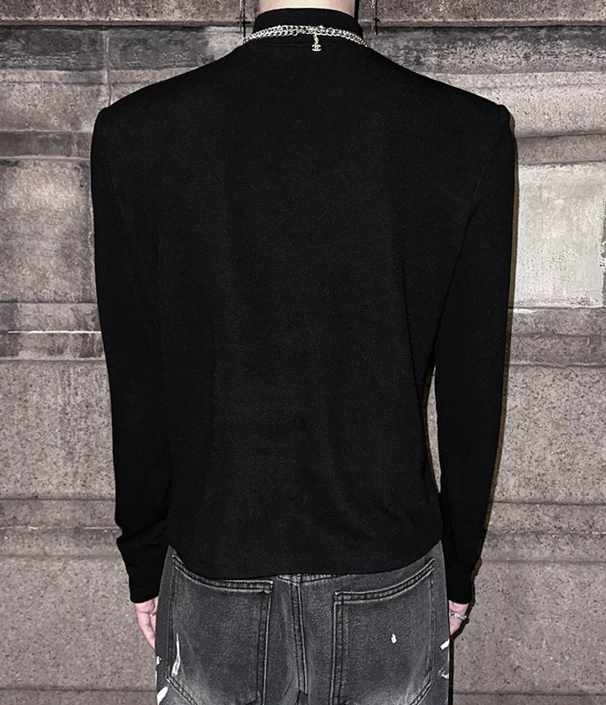 Slim-fit studded turtleneck sweater designed for Korean streetwear, punk layering, and contemporary gothic fashion outfits