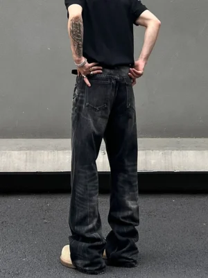 Smoke washed black wide leg streetwear jeans back view showing classic denim pockets and faded wash