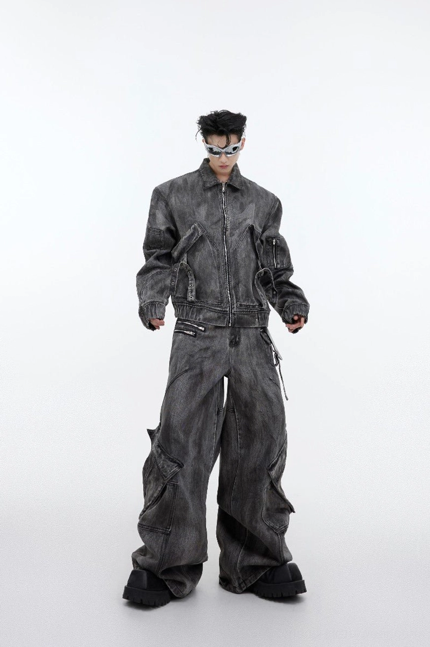 Full front outfit view of smoked gray relaxed fit utility denim jacket styled with matching wide leg cargo jeans