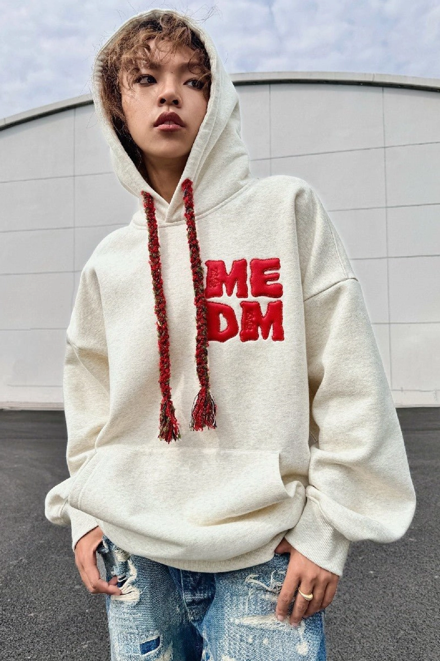 Snowflake gray oversized hoodie with raised red puff print, contrast woven drawstrings, kangaroo pocket, and Korean-inspired streetwear styling