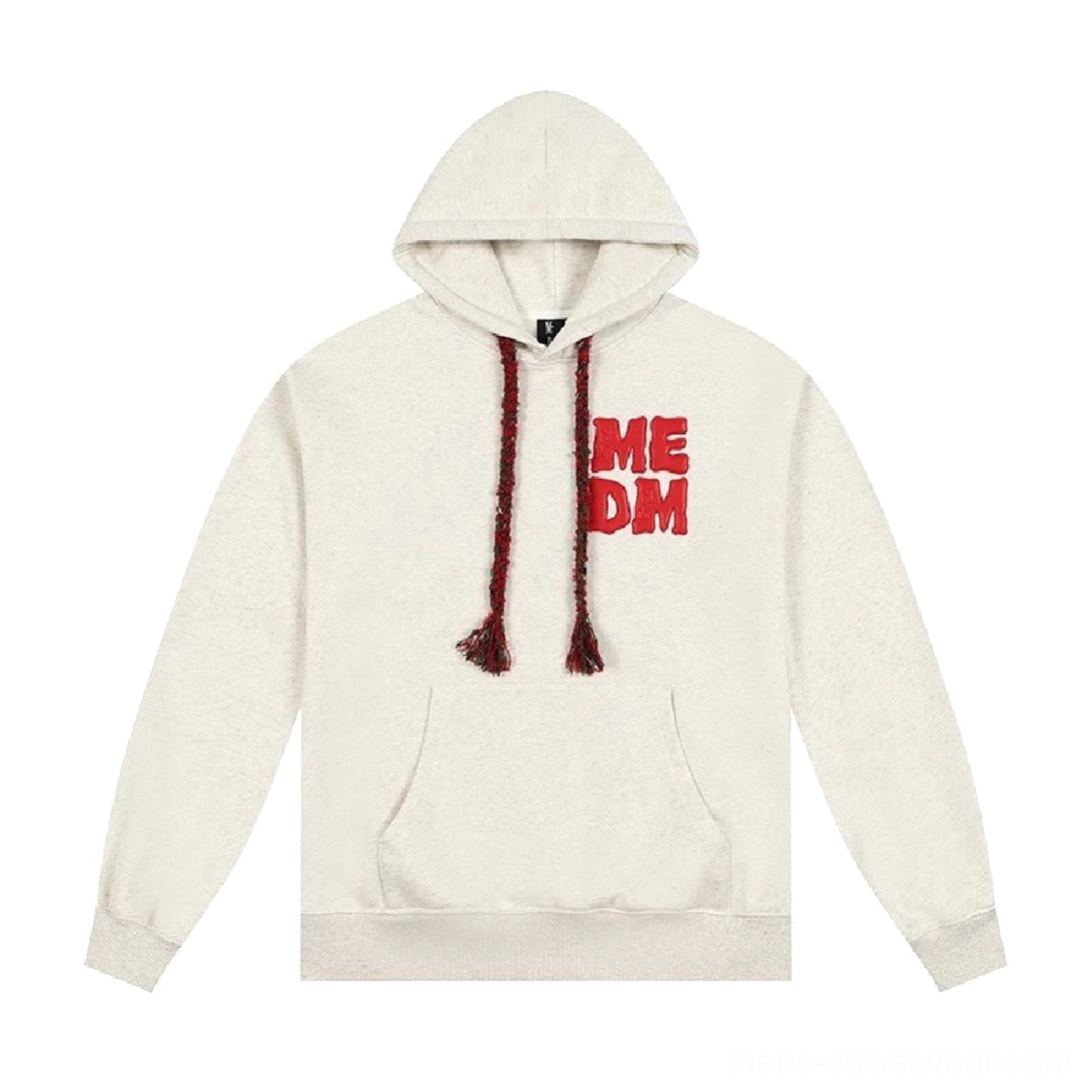 Flat lay front view of snowflake gray oversized pullover hoodie with raised red puff print, contrast drawstrings, and classic kangaroo pocket