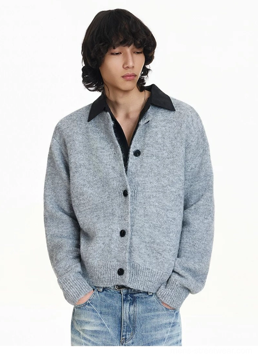 Soft fuzzy light gray cardigan with black contrast collar full button placket and ribbed knit trims