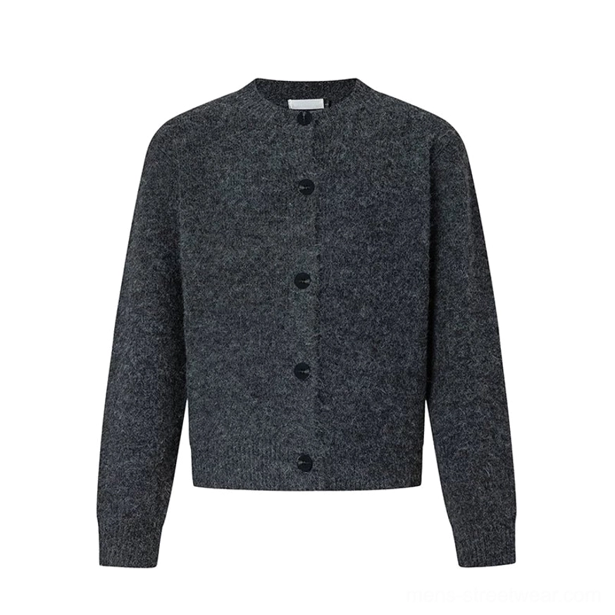 Soft knit polo cardigan product image with black contrast collar full button closure and relaxed modern streetwear silhouette