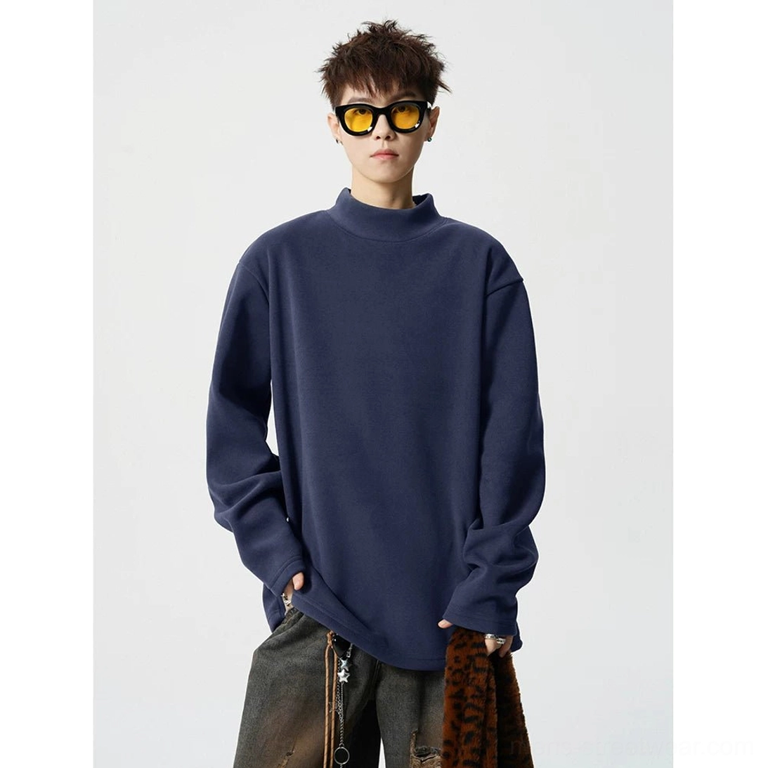 Soft stretch fleece mock neck top with dropped shoulders and contemporary boxy streetwear fit