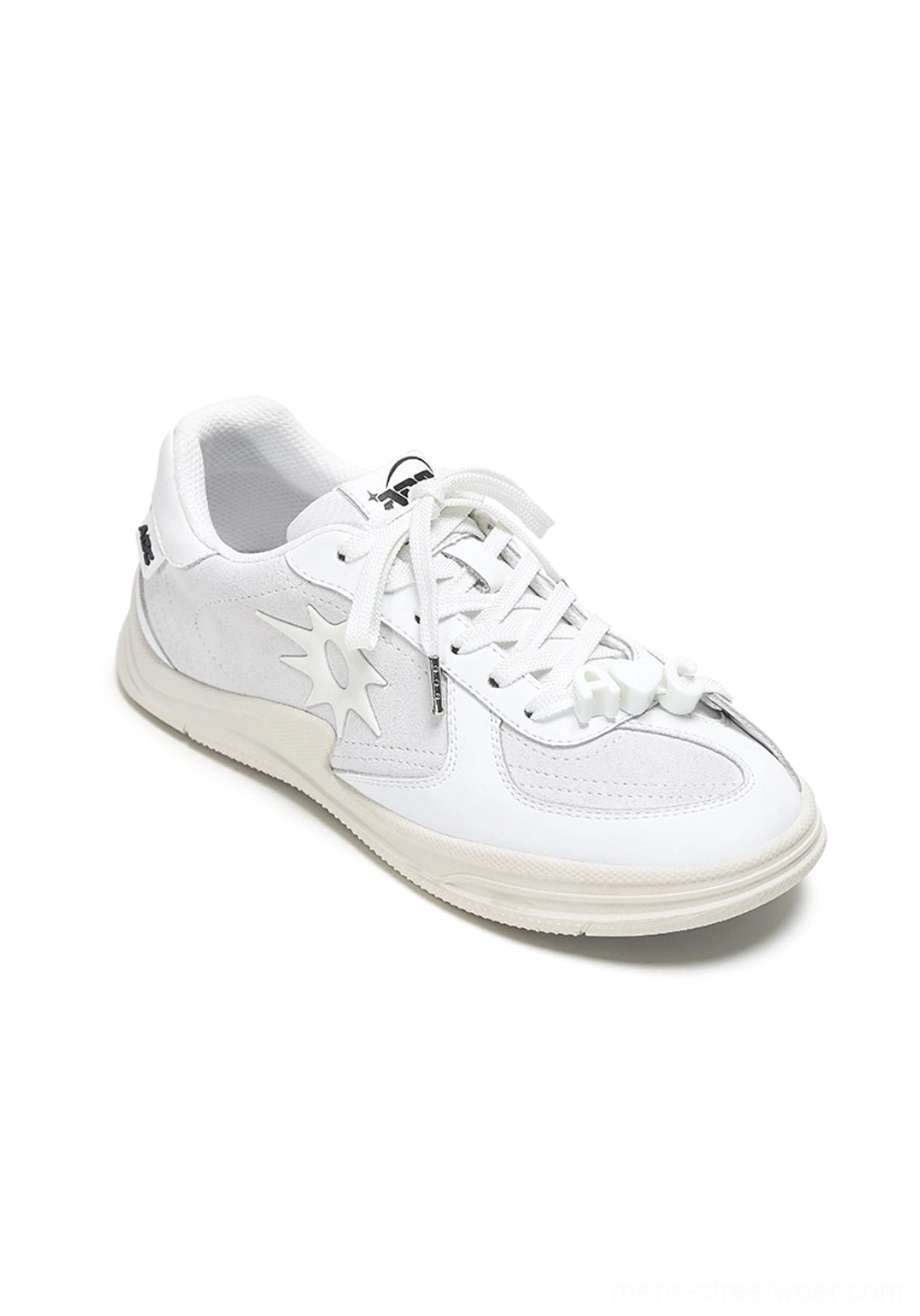 Solar-inspired black and white leather court sneakers with graphic details for Acubi and Seoul streetwear