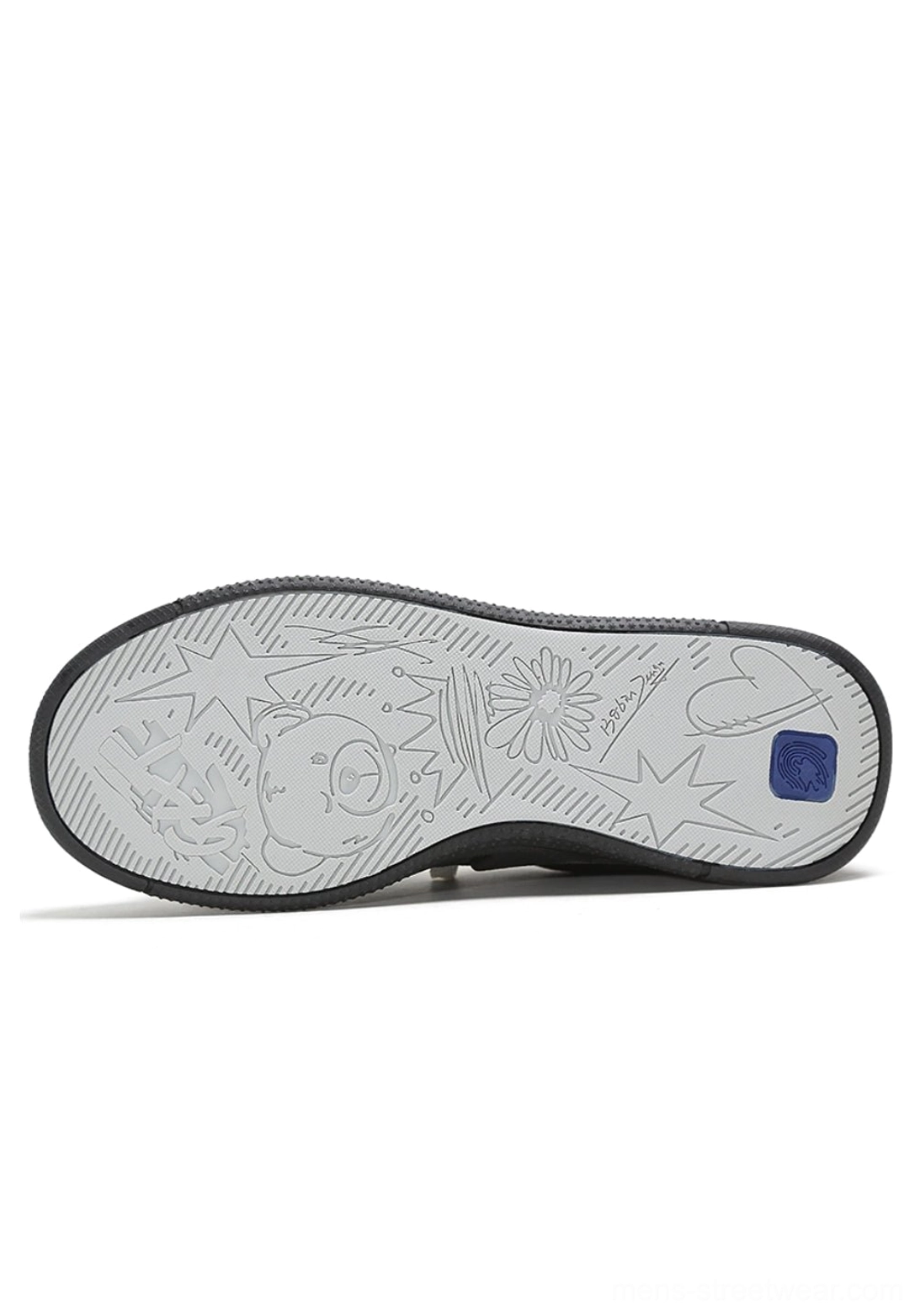 Outsole view of solar star applique court sneakers with cartoon and floral graphic artwork