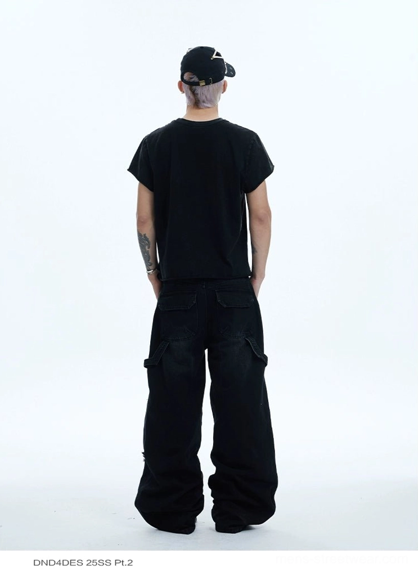 Full back view of a solid black crewneck streetwear T-shirt with minimalist plain back design