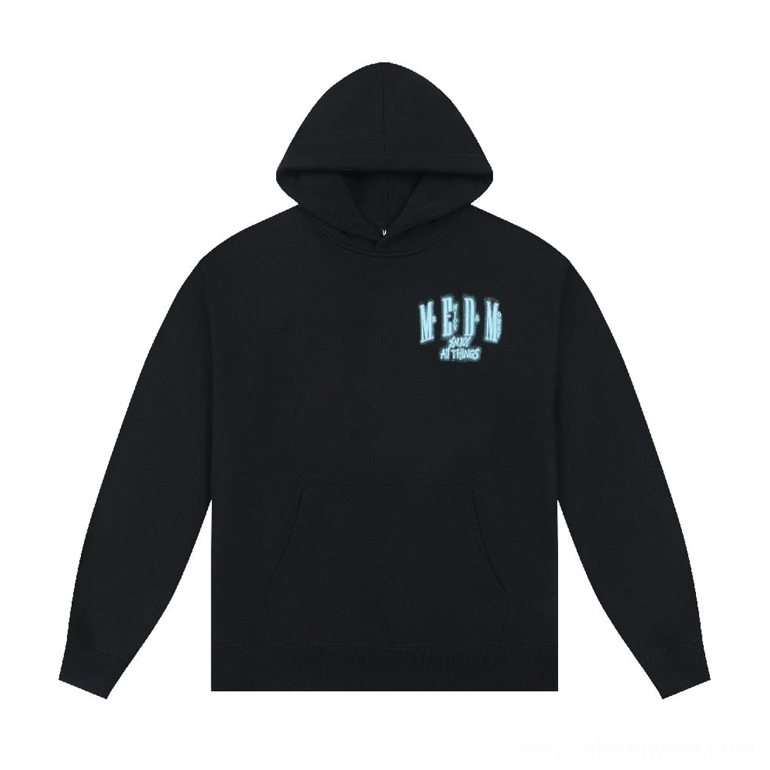 Solid black oversized hoodie shown from the front with attached hood, light blue chest graphic, and kangaroo pocket