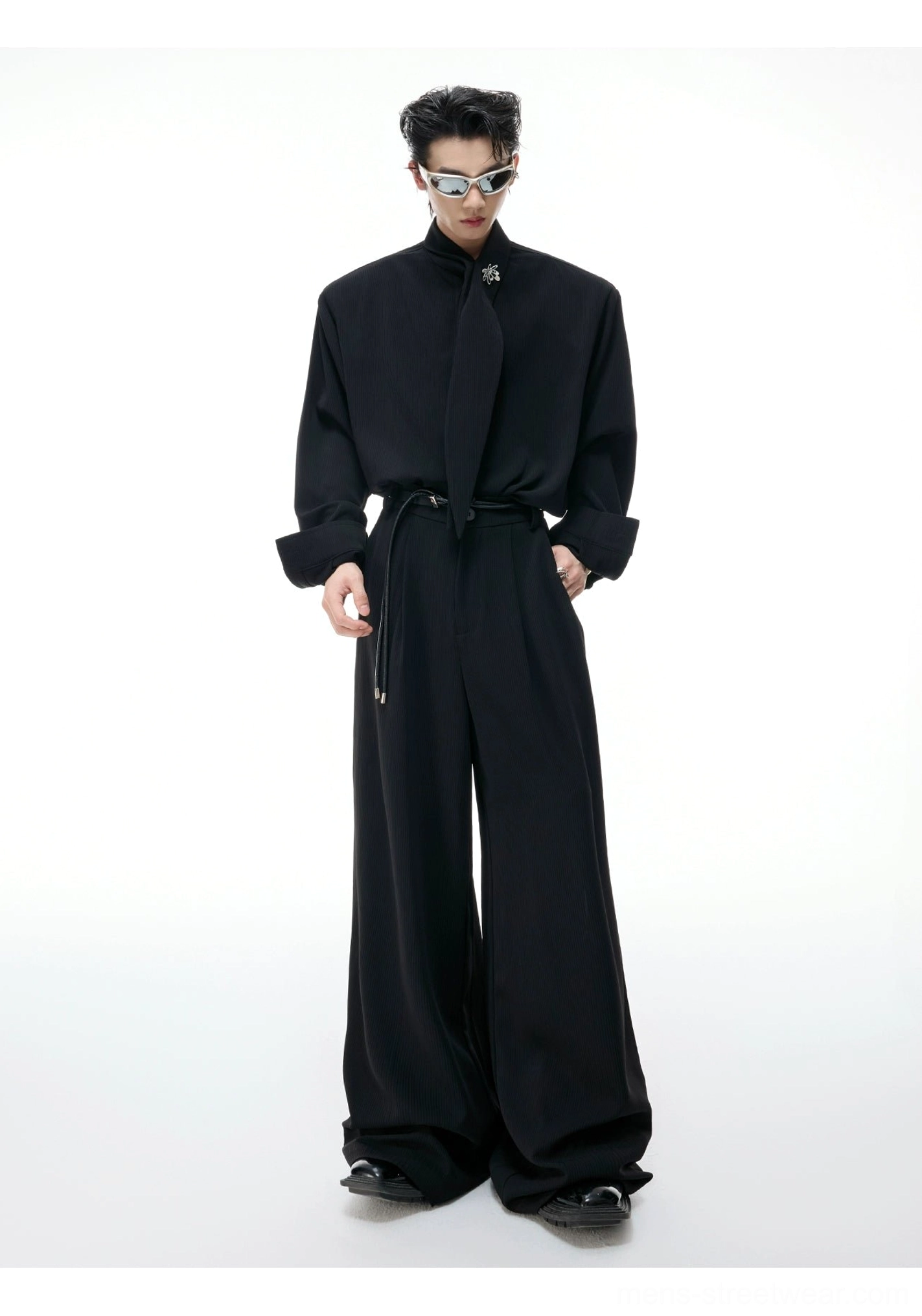 Solid black scarf collar suit set with relaxed shirt, wide-leg tailored pants, drawstring waist, and minimalist Korean streetwear styling