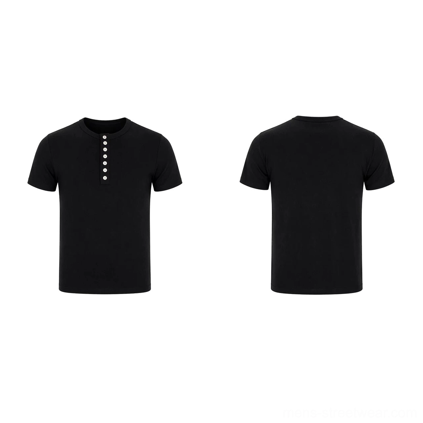 Flat lay front view of a solid black short sleeve Henley T-shirt with plain design and button placket